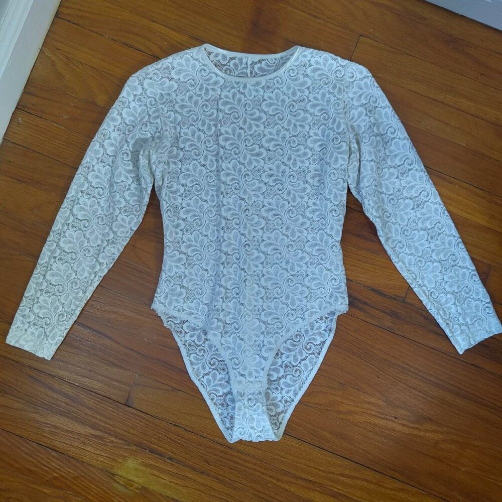 Sheer Sexy White Lace Long Sleeve Bodysuit Lingerie Top Medium/Large Stretchy